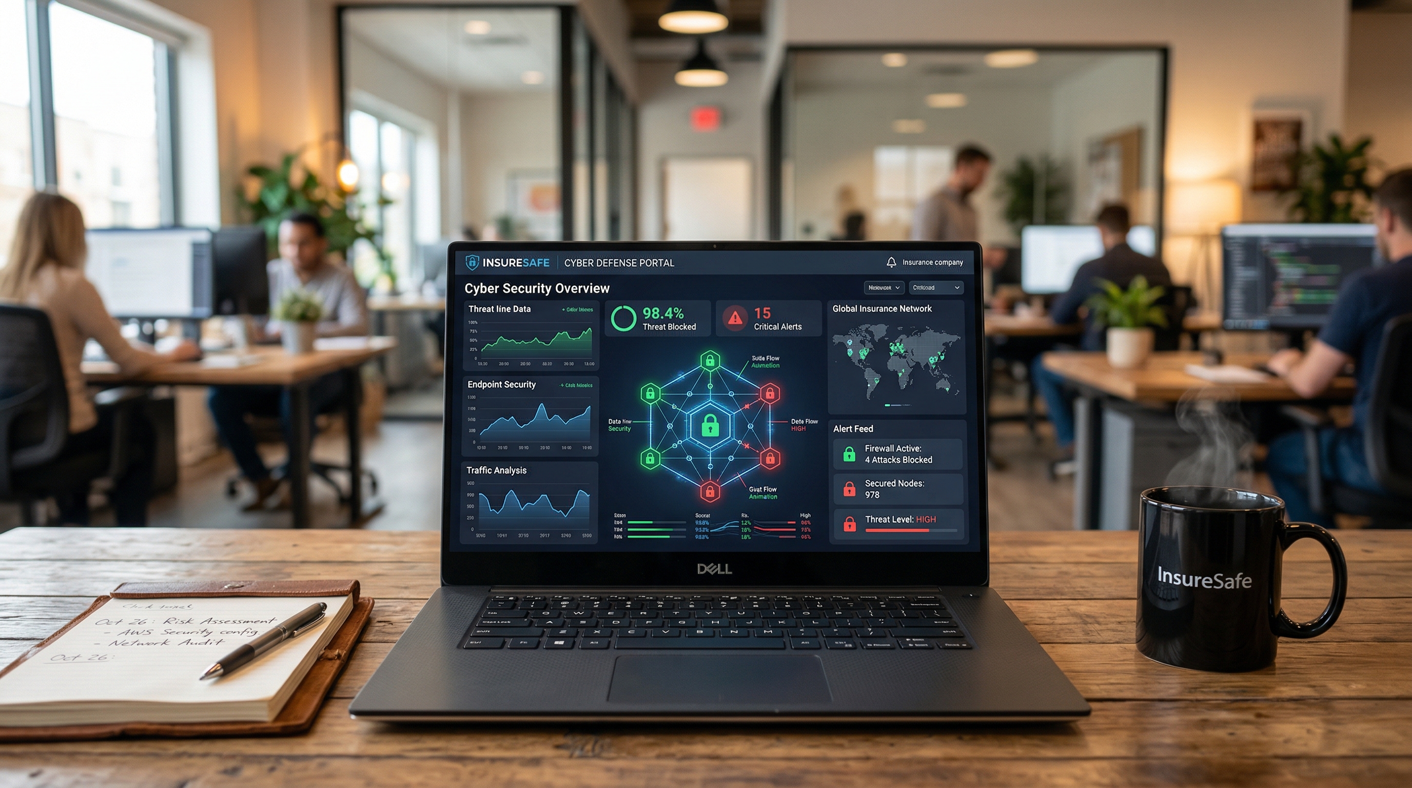 Cybersicherheit – Laptop mit Sicherheitsdashboard