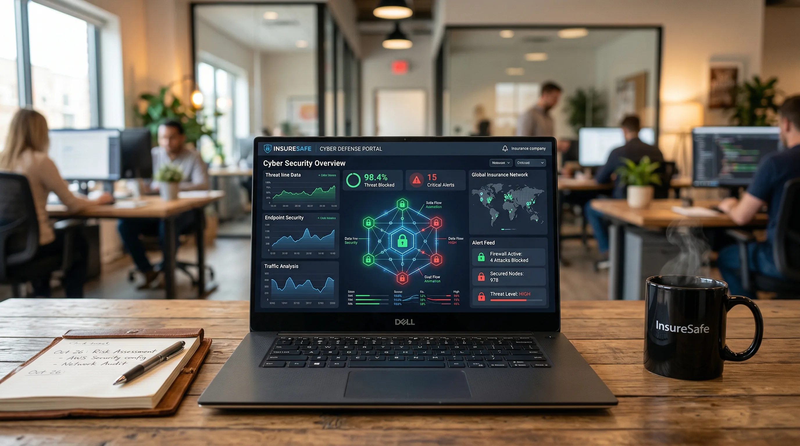 Cybersicherheit – Laptop mit Sicherheitsdashboard